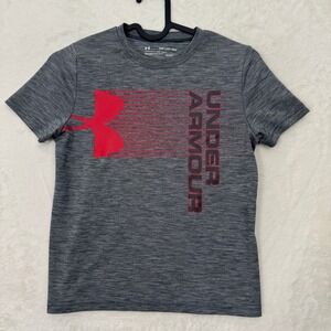 Under Armour T-Shirt Boys YXS Grey HeatGear Red Logo Short Sleeve Loose